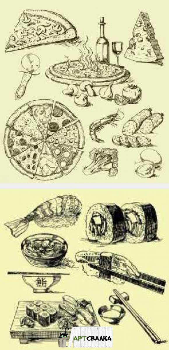 Нарисованные пицца и суши | Drawn pizza and sushi